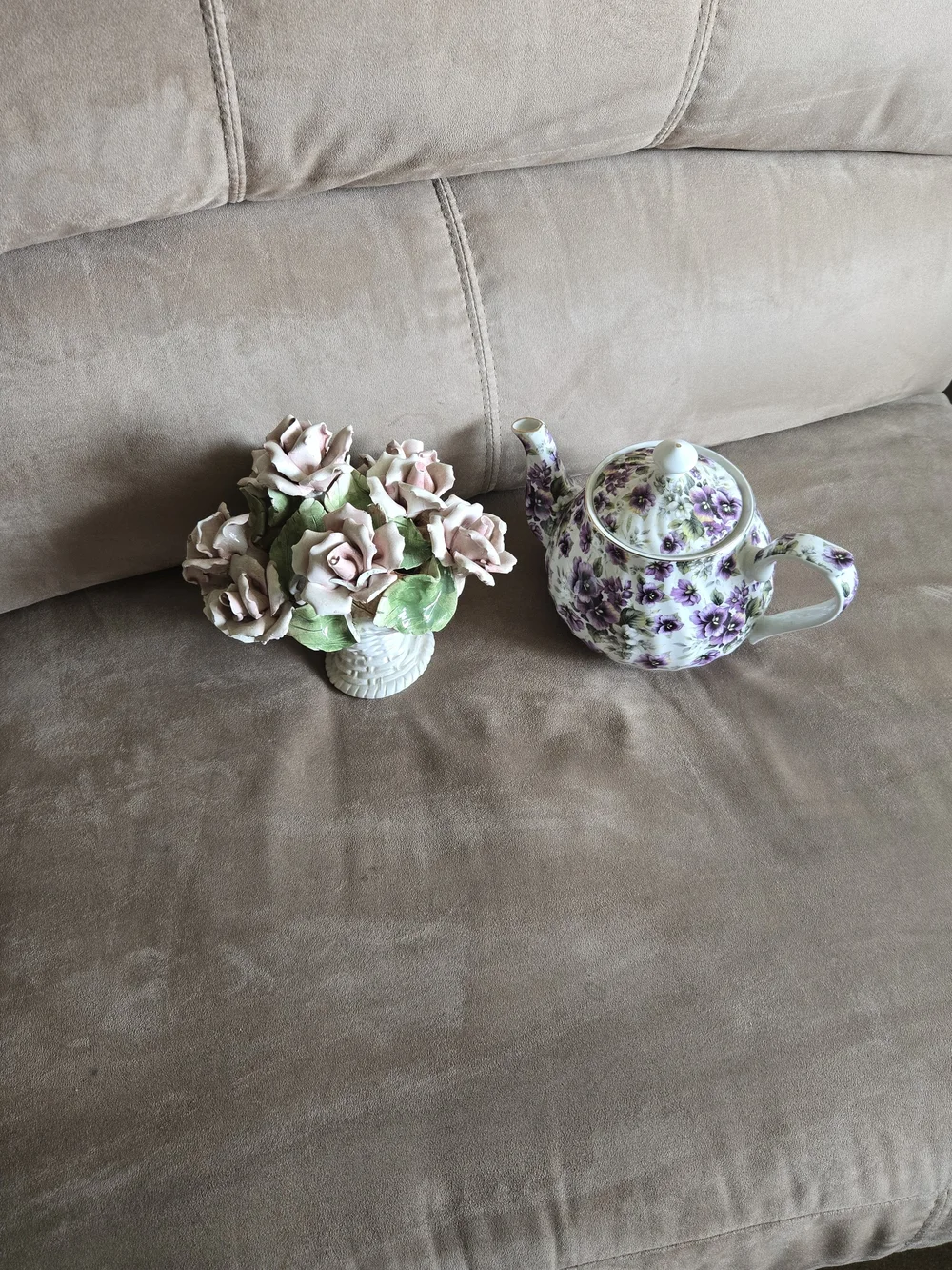 Porcelain Floral Teapot and Pink Rose Ceramic Arrangement - Home Accents